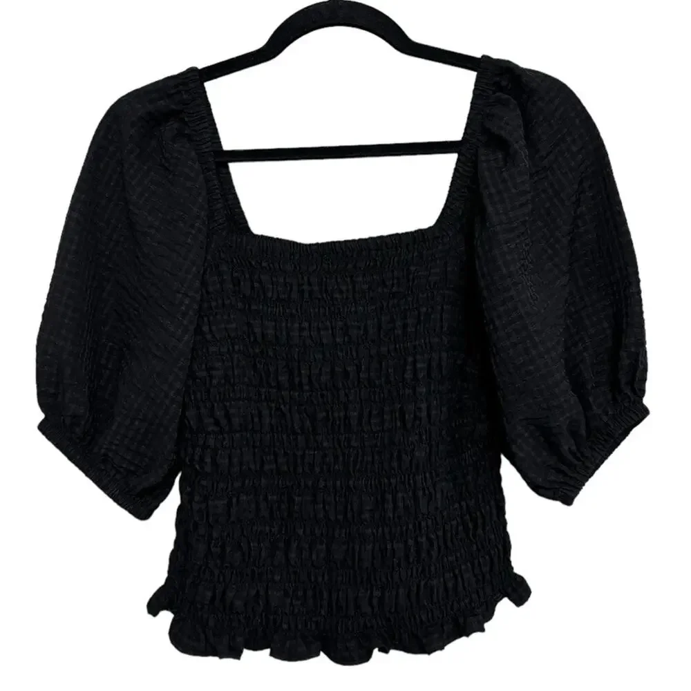 Old Navy Fitted Puff-Sleeve Smocked Top in Black Jack - Size S